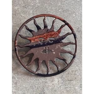 Vintage Multicolor Enamel Sun Sunburst Celestial Face Circle Brooch Pin